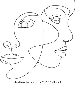 Continuous line drawing of faces and hairstyles set, fashion concept, woman beauty minimalist, vector. Without artificial intelligence