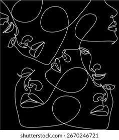 Desenho de linha contínua de faces, conceito de moda minimalista, ilustração vetorial. Padrão de moda moderna.  Desenhado à mão sem inteligência artificial