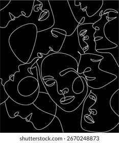 Continuous line drawing of faces, minimalist fashion concept, vector illustration. Modern fashion pattern. Hand drawn without artificial intelligence
