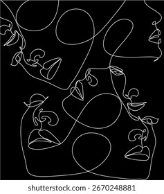 Desenho de linha contínua de faces, conceito de moda minimalista, ilustração vetorial. Padrão de moda moderna. Desenhado à mão sem inteligência artificial
