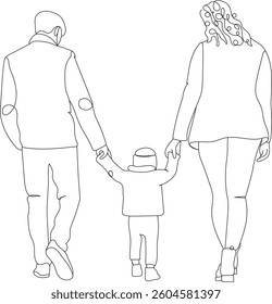 Continuous line drawing of a family from behind, line art, vector