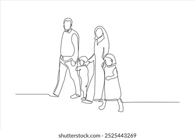 continuous line drawing of a family with children