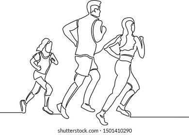 
Continuous line drawing of a family dad, mom and daughter jogging. Group people healthy lifestyle. Fitness concept.