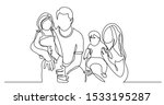 continuous line drawing of family of four holding their children