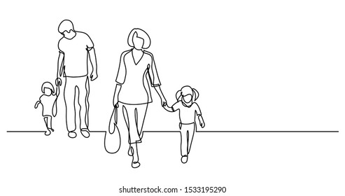 continuous line drawing of family of four walking on street holding hands