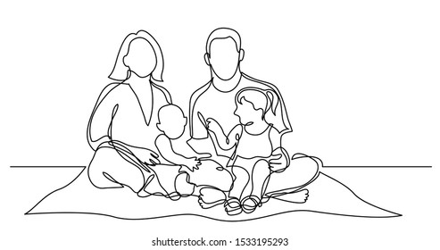 Continuous Line Drawing Of Family Of Four Sitting On Picnic Blanket In Park