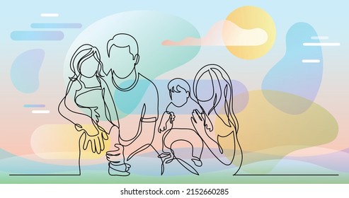 continuous line drawing of family of four holding their children