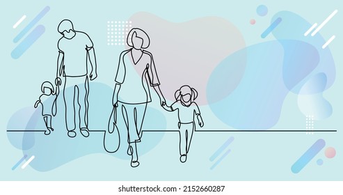 continuous line drawing of family of four walking on street holding hands