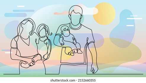 Continuous Line Drawing Of Family Of Four Walking Holding Their Children On Hands