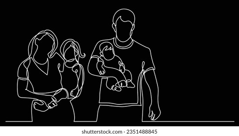 continuous line drawing of family of four walking holding their children on hands