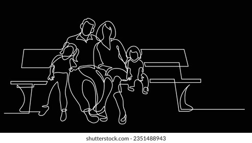 continuous line drawing of family of four sitting on park bench