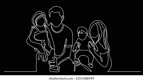 continuous line drawing of family of four holding their children