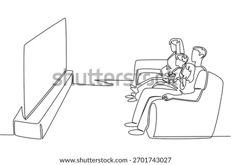 Continuous line drawing of a family of four with popcorn watching a flat screen TV on a soundbar from a side view, emphasizing a home entertainment and leisure theme. Celebrate National Movie Night. 