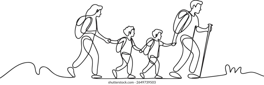 Continuous Line Drawing of a Family Hiking Together in Nature Showing Love and Adventure in Minimalism