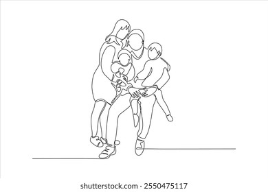 A continuous line drawing of a family interacting joyfully.