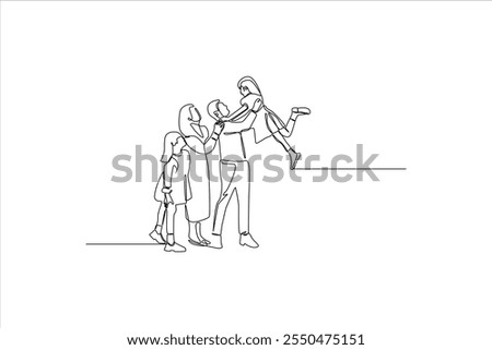 A continuous line drawing of a family interacting joyfully.