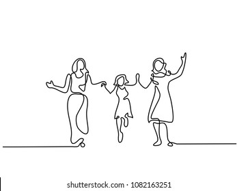 Continuous line drawing. Family with mother, grandmother and girl walking. Vector illustration. Concept for logo, card, banner, poster, flyer