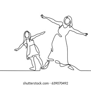 Continuous Line Drawing. Family With Mother And Girl In Fly. Vector Illustration