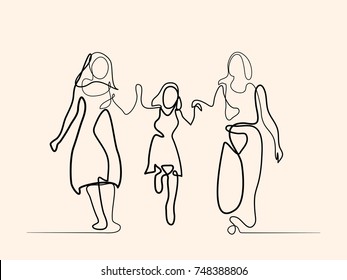 Continuous line drawing. Family with mother, grandmother and girl walking. Vector illustration