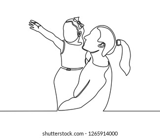 continuous line drawing of family, parenthood and people concept - happy Mother playing with little baby at home - vector