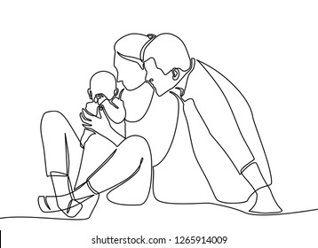 continuous line drawing of family, parenthood and people concept - happy  playing with little baby at home - vector