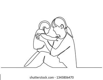 continuous line drawing of family, parenthood and people concept - happy Mother playing with little baby at home - vector