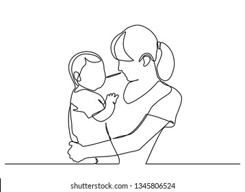 continuous line drawing of family, parenthood and people concept - happy Mother playing with little baby at home - vector