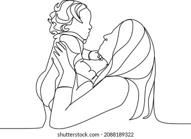 continuous line drawing of family, parenthood and people concept - happy Mother playing with little baby at home - vector