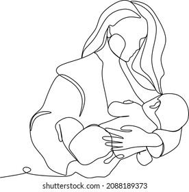 continuous line drawing of family, parenthood and people concept - happy Mother playing with little baby at home - vector