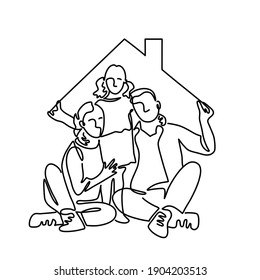 Continuous line drawing of family with roof. Vector illustration.