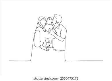 A continuous line drawing of a family sharing a loving moment with a child.