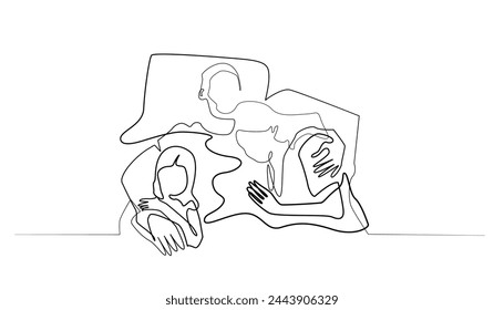 continuous line drawing of a family sleeping.one line vector drawing of father, mother and sleeping together.single line vector illustration.isolated white background