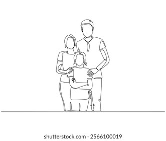 Continuous line drawing of family standing together. Single line illustration of happy family. Bonding, care, love concept. Editable outline