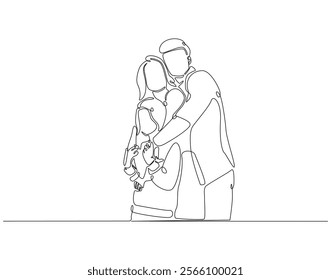 Continuous line drawing of family standing together. Single line illustration of happy family. Bonding, care, love concept. Editable outline