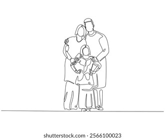 Continuous line drawing of family standing together. Single line illustration of happy family. Bonding, care, love concept. Editable outline