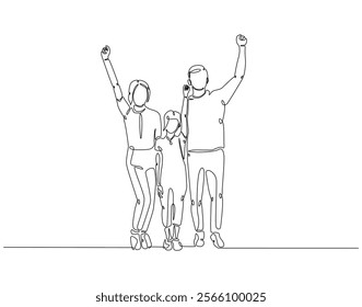 Continuous line drawing of family standing together. Single line illustration of happy family. Bonding, care, love concept. Editable outline