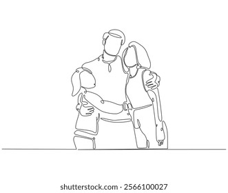 Continuous line drawing of family standing together. Single line illustration of happy family. Bonding, care, love concept. Editable outline