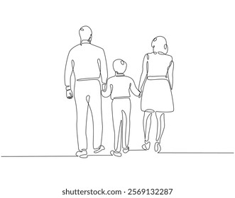 Continuous line drawing of family standing together back view. Single line illustration of happy family. Bonding, care, love concept. Editable outline