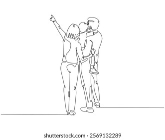 Continuous line drawing of family standing together back view. Single line illustration of happy family. Bonding, care, love concept. Editable outline