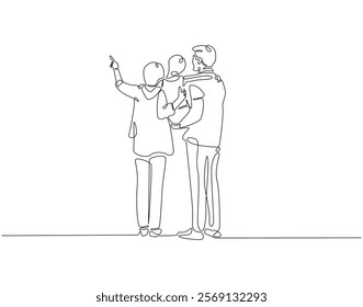 Continuous line drawing of family standing together back view. Single line illustration of happy family. Bonding, care, love concept. Editable outline