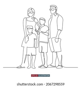 Continuous line drawing of Family in summer clothes. Mother, father and two sons. Template for your design works. Vector illustration.
