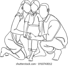 Continuous line drawing of family. Template for your design works. Vector illustration. Wall art, Wall Decor, Dad an baby illustration, mom and baby line art, walking together
