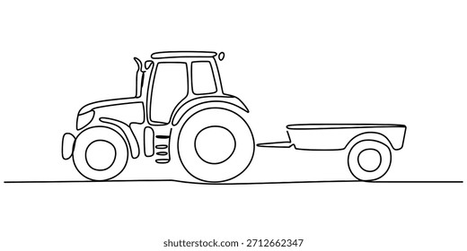 Desenho de linha contínua de um trator agrícola puxando um reboque, representando agricultura, máquinas agrícolas, vida rural e cultivo industrial em fundo branco Vetor, ilustração