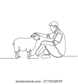 Continuous line drawing of farmer boy petting sheep on farm.