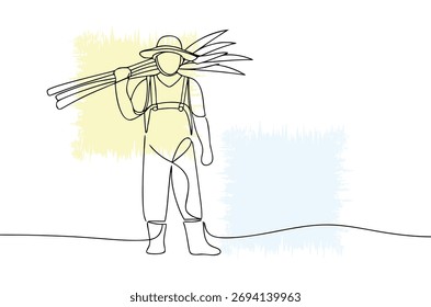 Dibujo de línea continuo de un agricultor con Recortar cosechado sobre el hombro que representa el trabajo agrícola y las prácticas agrícolas sostenibles en un contexto Abstractas 