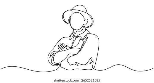 Continuous Line Drawing of Farmer Icon. Hand Drawn Symbol Vector Illustration, Farmer Single Line Icon, Single continuous line drawing young male farmer planting plant shoots in the ground.