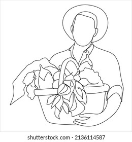continuous line drawing farmer with vegetables vector illustration simple