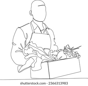 agricultor de dibujo de línea continua con ilustración vectorial de verduras simple