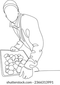 agricultor de dibujo de línea continua con ilustración vectorial de verduras simple