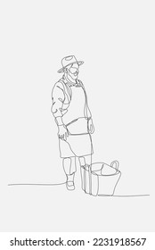 Kontinuierliche Linie Zeichnung eines Bauern mit einem Hut und mit einem Korb, Vorbereitung auf die Ernte in seinem Garten, Datei editierbar. Grafische Vektorgrafik für kontinuierliche Zeilenzeichnung